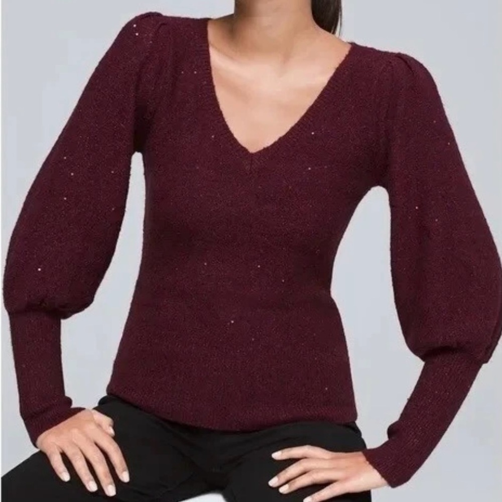 White House Black Market Sequin Embellished V-Neck Puff Sleeve Sweater SP